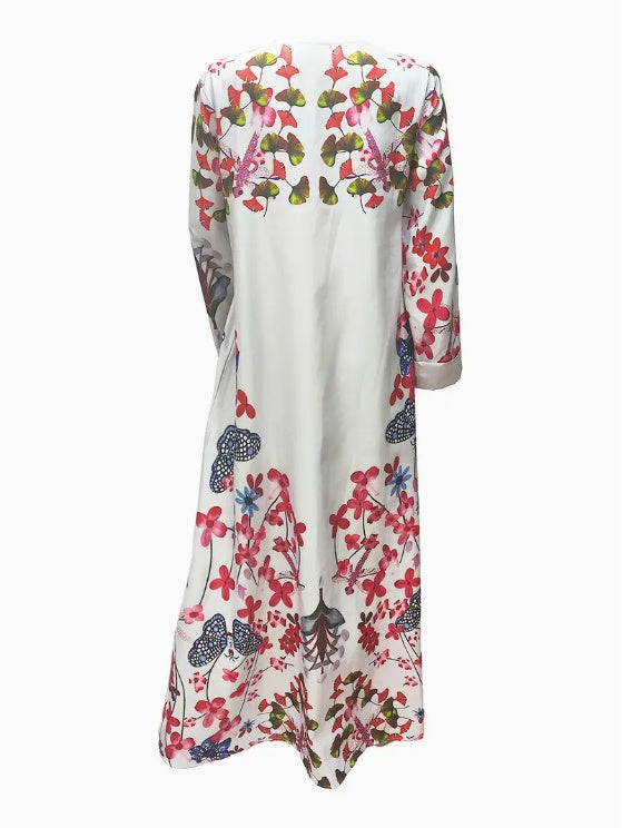 Elegant Floral Print Long Sleeve Abaya Dress